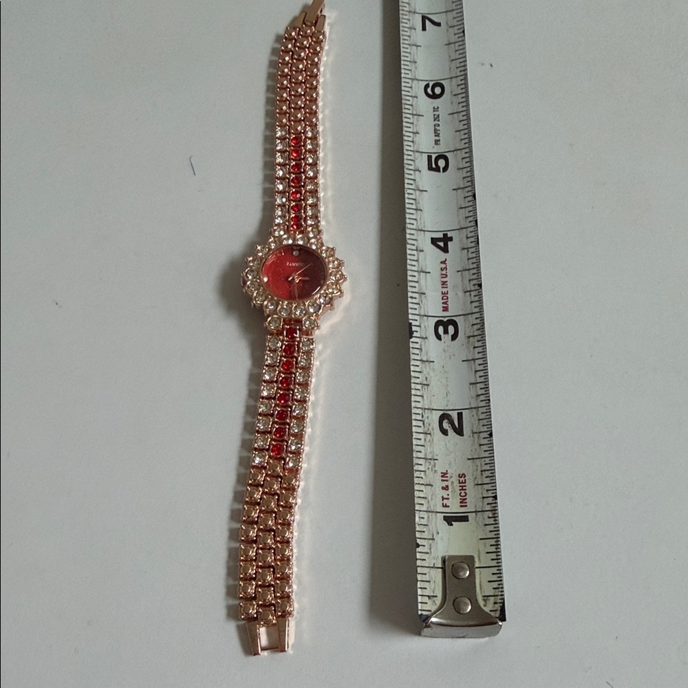Source Unknown Rose Gold Watch Bracelet with Red Dial and Crystal Accents